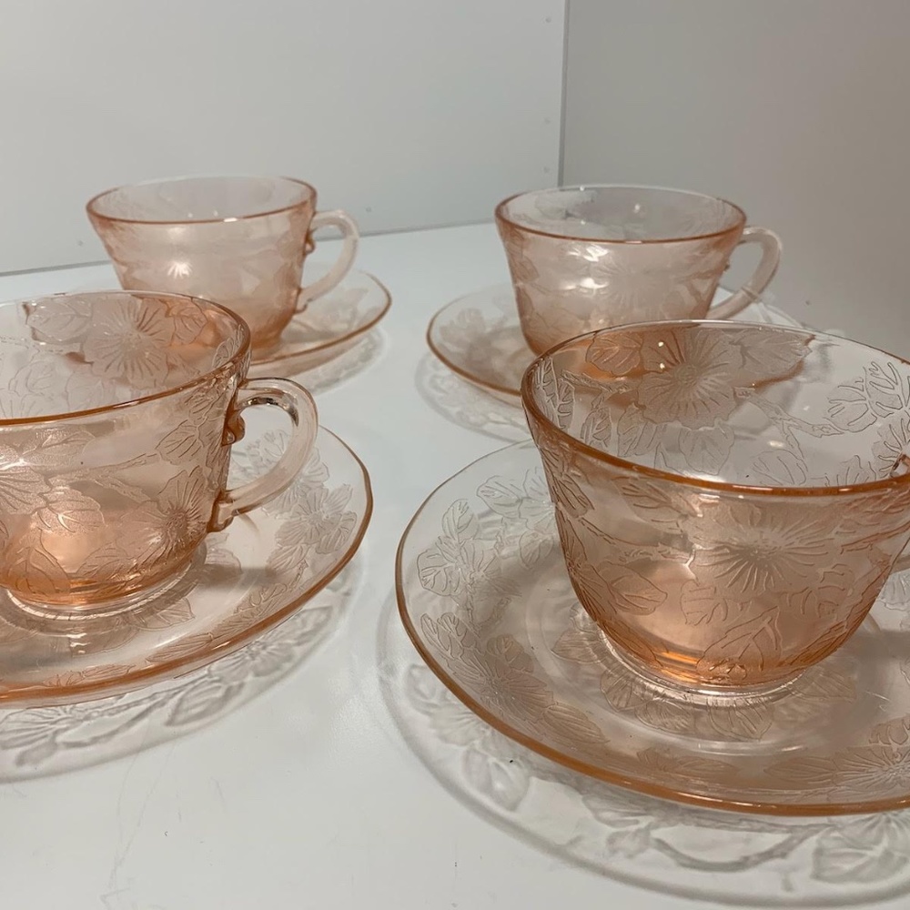 Vintage Pink Depression Glass "Dogwood" Cup and Saucer Set, EUC